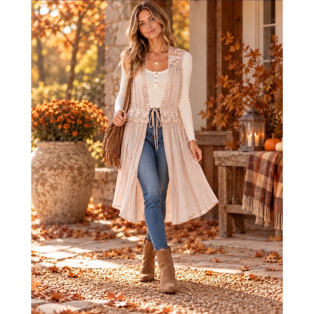 She + Sky Size Small Lace Boho Duster Vest Taupe Open Front Festival Cottagecore